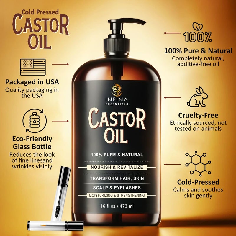INFINA ESSENTIALS Pure Cold Pressed Castor Oil - Hexane Free, Glass Bottle for Hair Growth, Face, Scalp, Skin & Eyelashes - Nourishing and Moisturizing - 16 fl oz - Image 4