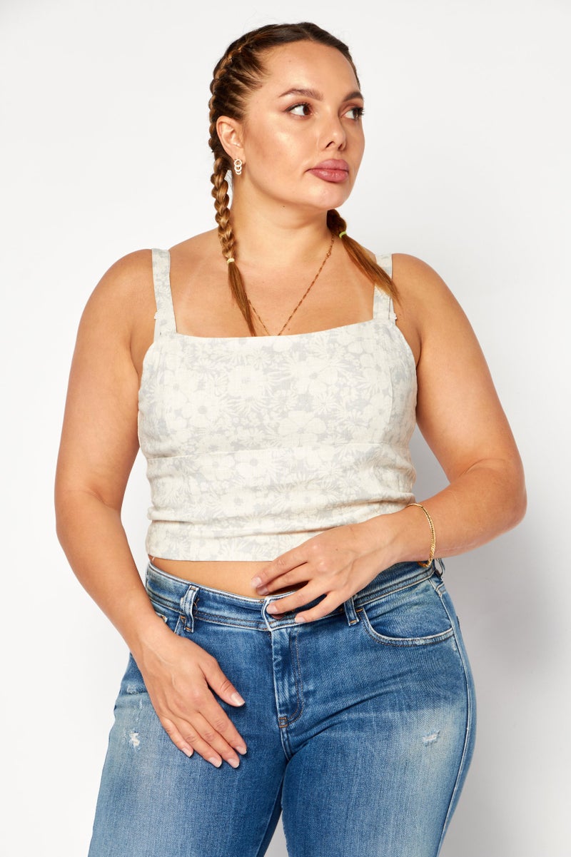 Gentle Fawn Women Square Neck Sleeveless Floral Print Crop Tank Top, Beige  - Image 1