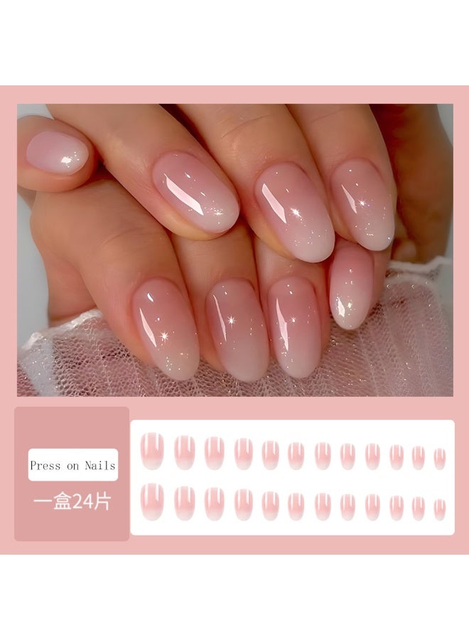 24PCS Press on Nails Short Nail Plate Pink White Gradient Nail ,With File and Glue Kit, Elegant women's fake nails （Pink White Gradient) - Image 2