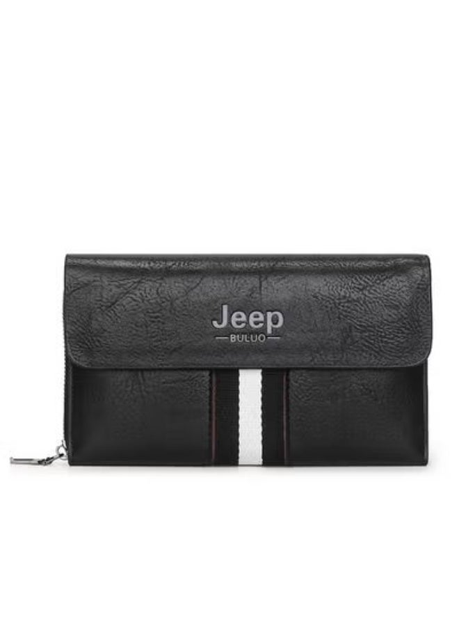 Jeep Black Black-White Stripe Flap Men Business Long Hand Clutch