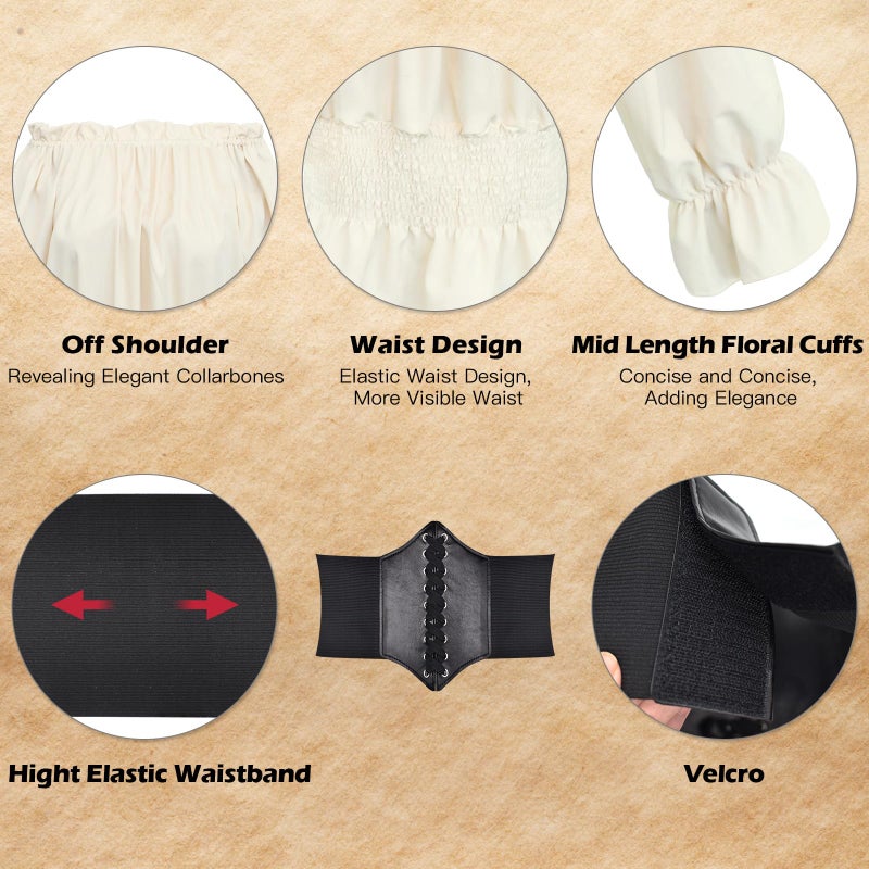 Prebene 7 Pcs Halloween Womens Pirate Costume Renaissance Pirate Blouse Tops Skirt Medieval Corset Belt Headscarf Eye Patch Outfit (Beige + Red, XXL) - Image 3
