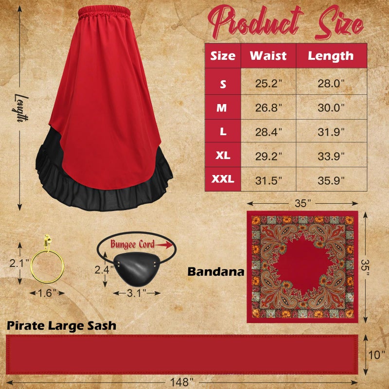 Prebene 7 Pcs Halloween Womens Pirate Costume Renaissance Pirate Blouse Tops Skirt Medieval Corset Belt Headscarf Eye Patch Outfit (Beige + Red, XXL) - Image 5