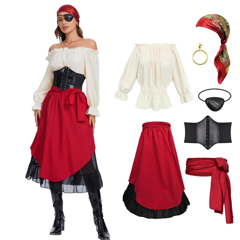 Prebene 7 Pcs Halloween Womens Pirate Costume Renaissance Pirate Blouse Tops Skirt Medieval Corset Belt Headscarf Eye Patch Outfit (Beige + Red, XXL) - Image 1