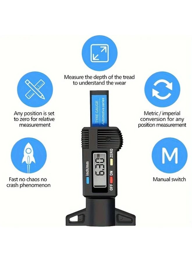 Black Digital Tire Tread Depth Gauge LCD Display Millimeter Inch Conversion - Image 3