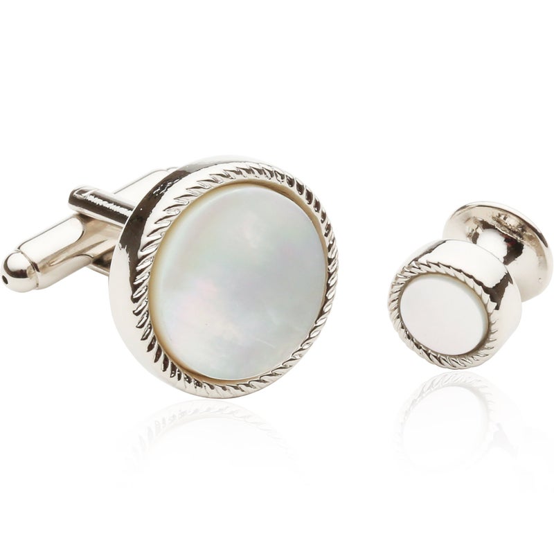 Cuff-Daddy Mother of Pearl Cufflinks and Studs Tuxedo Silver-Tone Cufflinks Round Ribbed Tuxedo Formal Set with Presentation Gift Box Unique - 5/8" and 3/8" White and Silver Cufflinks Studs - Image 2