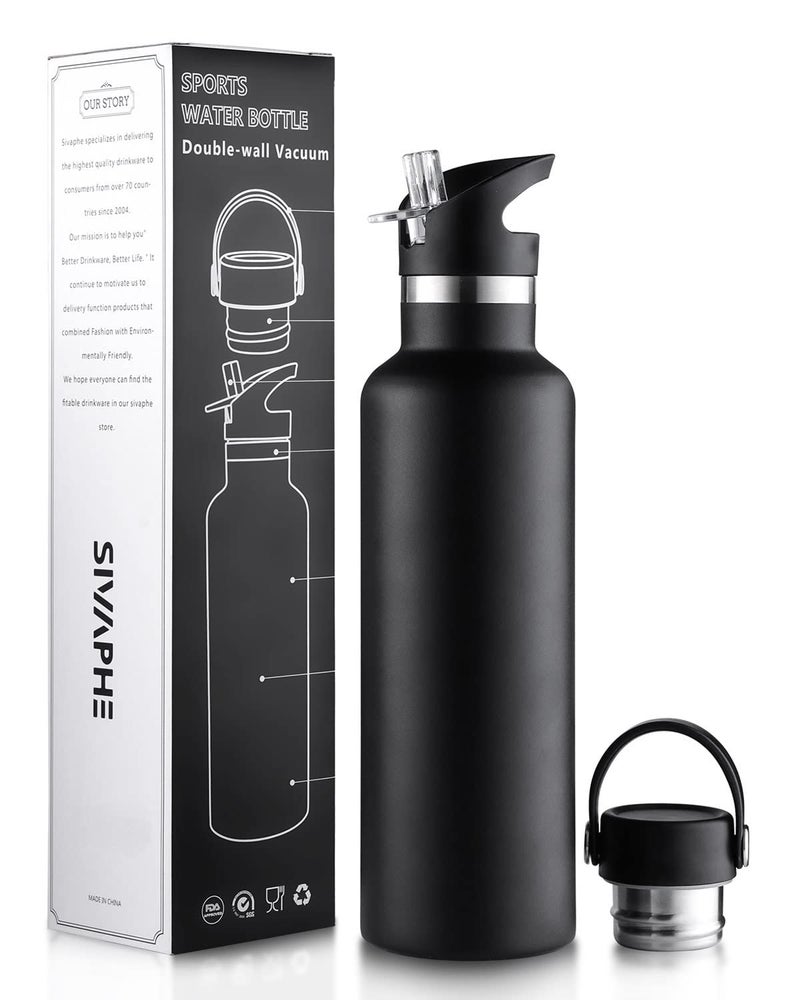 Sivaphe Insulated Water Bottle LeakProof for Sports Outdoor Stainless Steel Double Walled Vacuum Drink Flasks with Lids and Straw 750ml Black