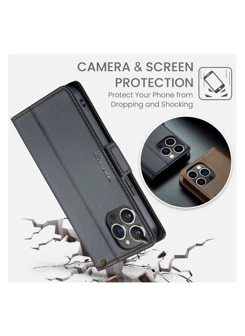 CaseMe Flip Wallet Case For iPhone 14 Pro Max [RFID Blocking] PU Leather Wallet Flip Folio Case with Card Holder Kickstand Shockproof Phone Cover (Black)  - Image 3