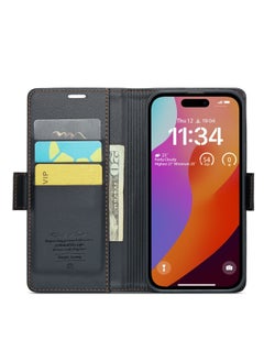 CaseMe Flip Wallet Case For iPhone 14 Pro Max [RFID Blocking] PU Leather Wallet Flip Folio Case with Card Holder Kickstand Shockproof Phone Cover (Black)  - Image 5