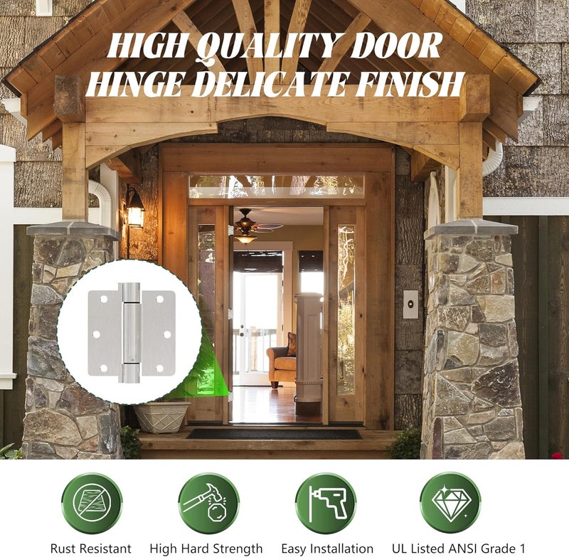 OMANSKO 2 Pack Self Closing Door Hinges 3.5 inch Satin Nickel Door Hinges Spring Loaded Auto Close Hinges 1/4'' Radius Corners Adjustable Tension for Interior Door 3 1/2 Auto Self-Closing Hinge - Image 5