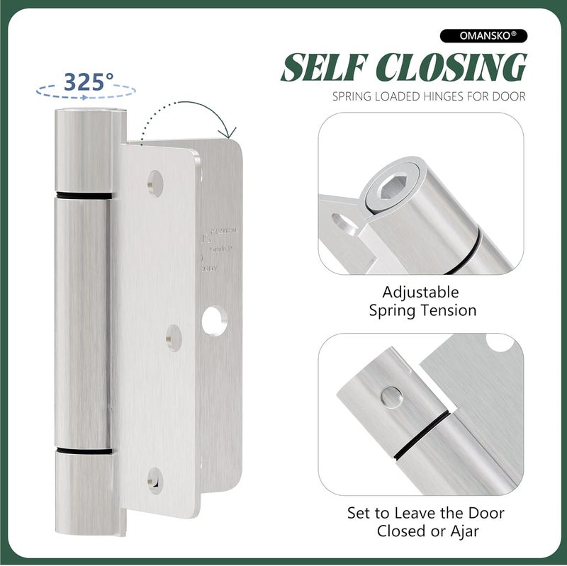 OMANSKO 2 Pack Self Closing Door Hinges 3.5 inch Satin Nickel Door Hinges Spring Loaded Auto Close Hinges 1/4'' Radius Corners Adjustable Tension for Interior Door 3 1/2 Auto Self-Closing Hinge - Image 4