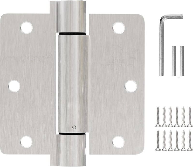 OMANSKO 2 Pack Self Closing Door Hinges 3.5 inch Satin Nickel Door Hinges Spring Loaded Auto Close Hinges 1/4'' Radius Corners Adjustable Tension for Interior Door 3 1/2 Auto Self-Closing Hinge - Image 1