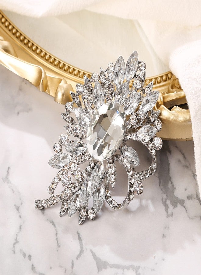 BriLove Women's Stunning Crystal Rhinestone Marquise Large Flower Bow Brooches Scarf Decoration Brooch Pin for Wedding Party Clear Silver-Tone - Image 2
