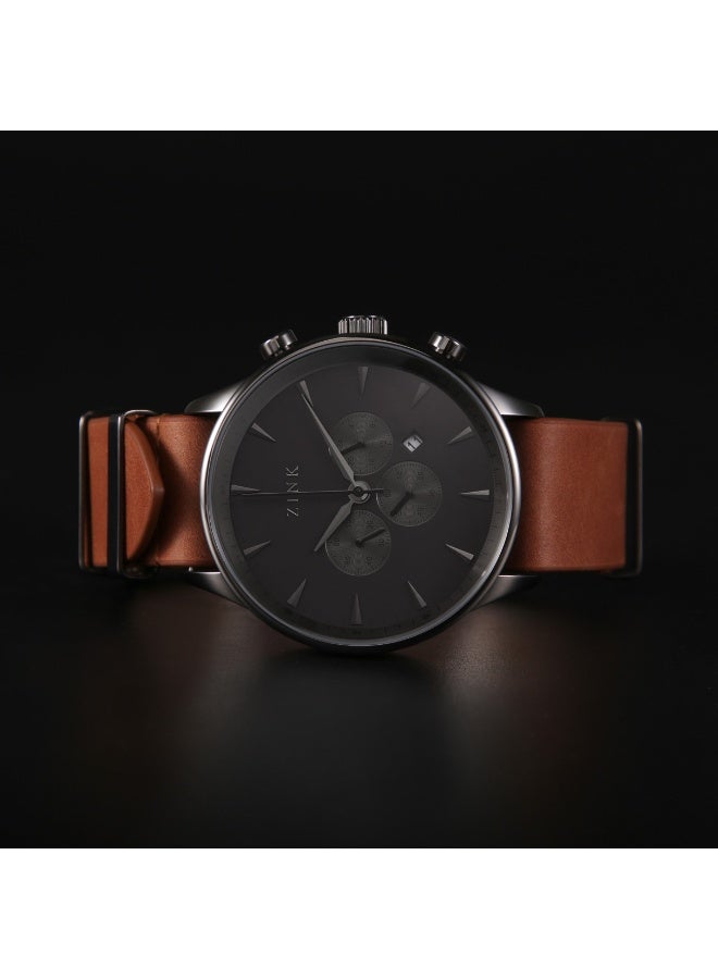 زنك ساعة زينك للرجال مصنوعة من الفولاذ المقاوم للصدأ باللون الأسود، مع حزام جلدي بني | ZK127G2LS-22 - Image 5