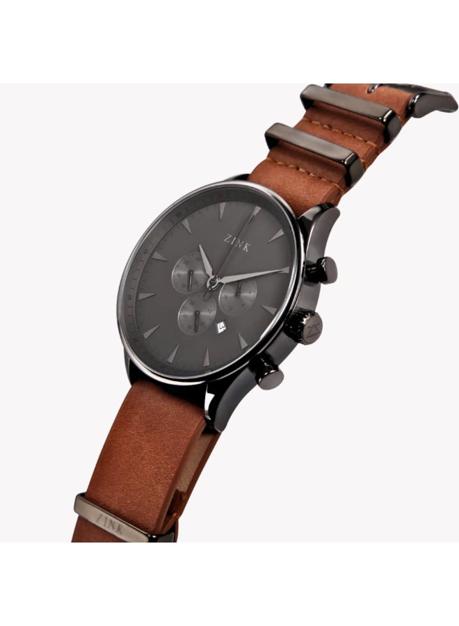 زنك ساعة زينك للرجال مصنوعة من الفولاذ المقاوم للصدأ باللون الأسود، مع حزام جلدي بني | ZK127G2LS-22 - Image 2