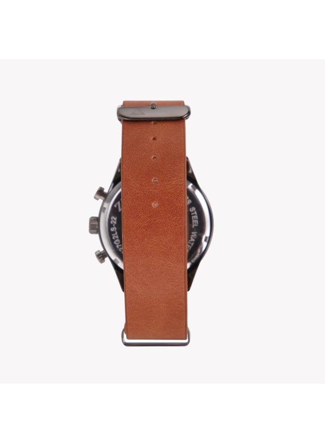 زنك ساعة زينك للرجال مصنوعة من الفولاذ المقاوم للصدأ باللون الأسود، مع حزام جلدي بني | ZK127G2LS-22 - Image 4