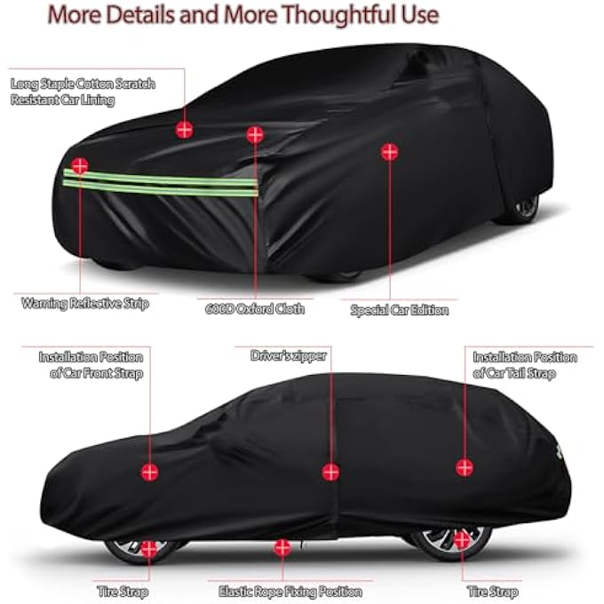 rayihni غطاء سيارة شامل 16 طبقة 600D ثقيل للاستخدام الداخلي والخارجي - مقاوم لجميع الأحوال الجوية من الشمس والأمطار والثلوج والغبار، مقاوم للماء ومقاوم للخدوش، يناسب سيارات الدفع الرباعي بطول جسم 191"-200"/15.9-16.6 قدم - Image 3