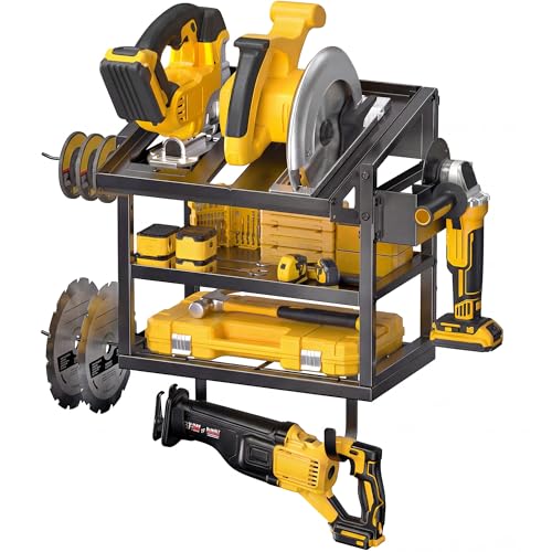 Amoowis Power Tool Organizer Wall Mount, Heavy Duty 3-Tier Metal Tool Holder for Circular Saw, Angle Grinder & Blades, Fits 7-1/4” Saws, Quick Assembly Garage Workshop Storage - Image 1