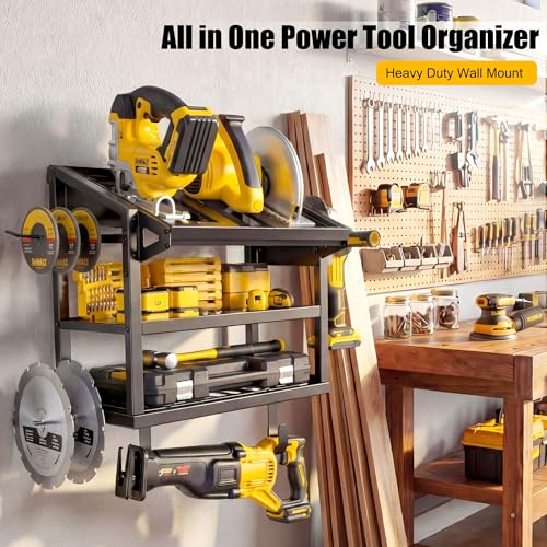 Amoowis Power Tool Organizer Wall Mount, Heavy Duty 3-Tier Metal Tool Holder for Circular Saw, Angle Grinder & Blades, Fits 7-1/4” Saws, Quick Assembly Garage Workshop Storage - Image 2