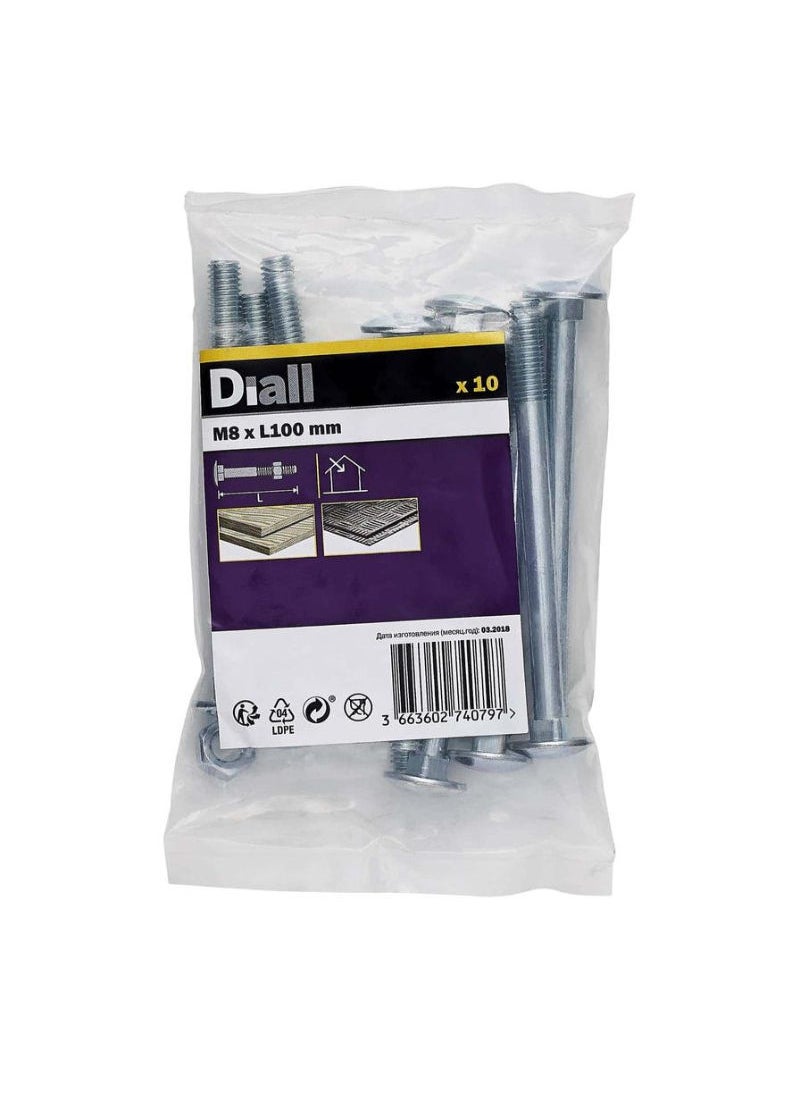 ACE Zinc Plated Carbon Steel Square Coach Nut And Bolt Pack M8 X 100 Mm 10 Piece 