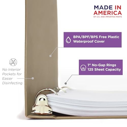 Carstens 1-Inch Heavy Duty 3-Ring Binder - Side Opening, Sand, Durable Plastic, Precision No-Gap Rings, Waterproof Cover, No Pockets, Holds 125 US Letter Sheets, BPA-Free, Made in USA (8717-3R) - Image 2