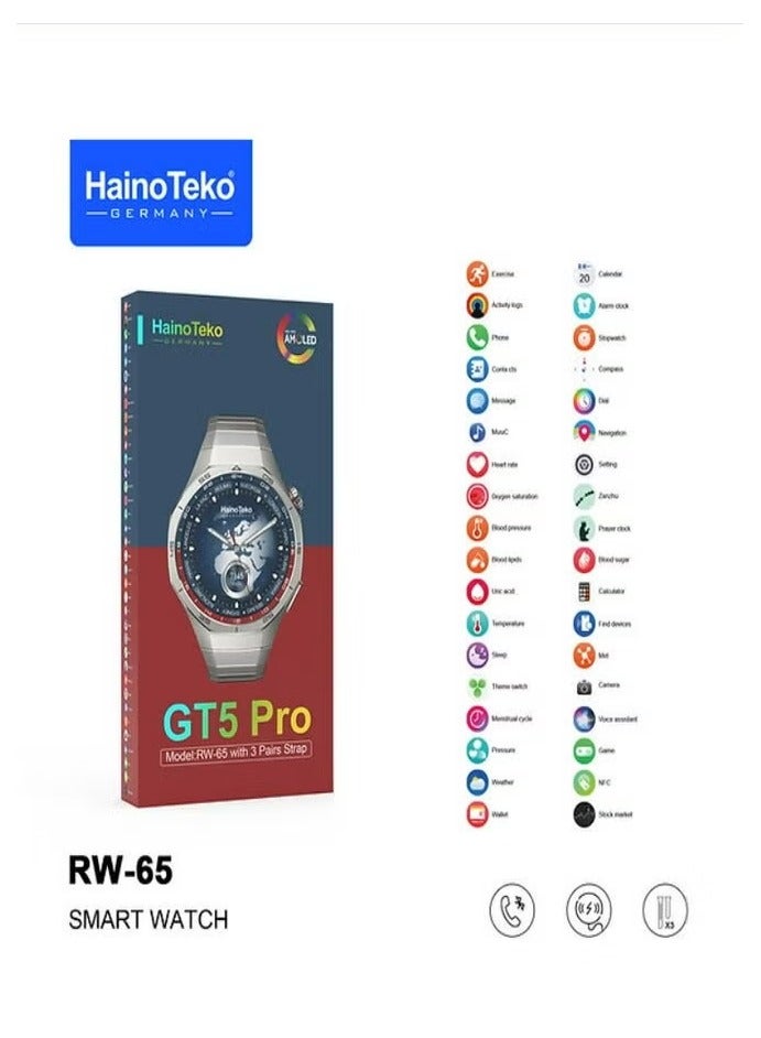 هينو تيكو ساعة هاينو تيكو GT5 برو RW-65 الذكية مع 3 أزواج من الأشرطة متعددة الألوان - Image 1