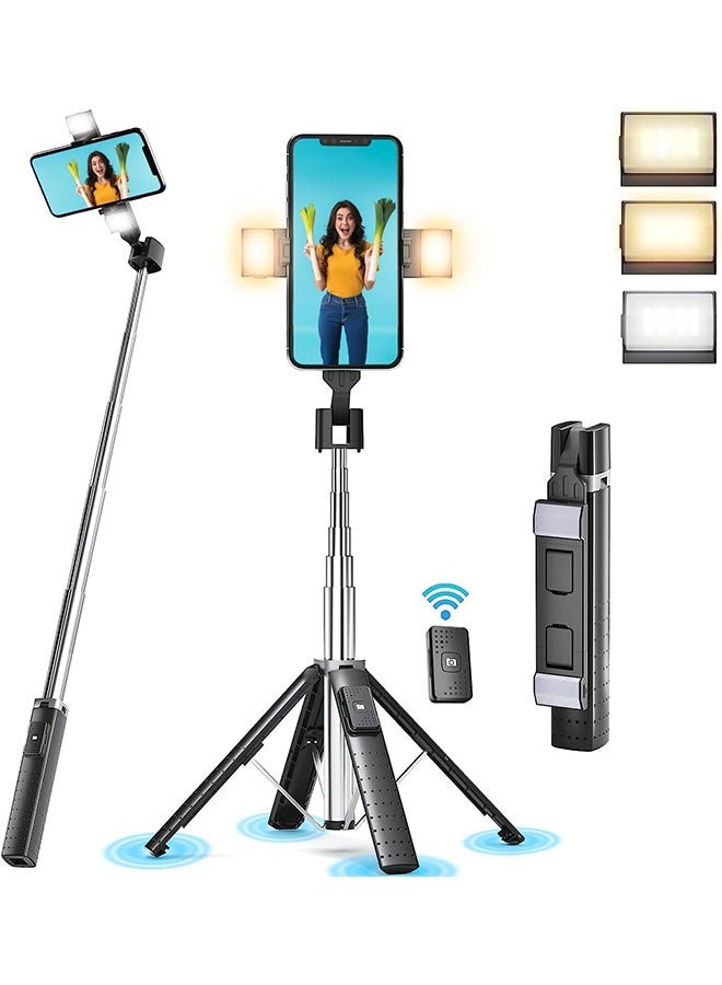 Arabest 41"Selfie Stick Tripod Quadrapod with 2 Rechargeable Fill Light, Extendable Tripod with Bluetooth Remote, Stainless Steel, 3 Light Modes, 9 Brightness Levels, Compatible for All iPhone & Android - Image 1