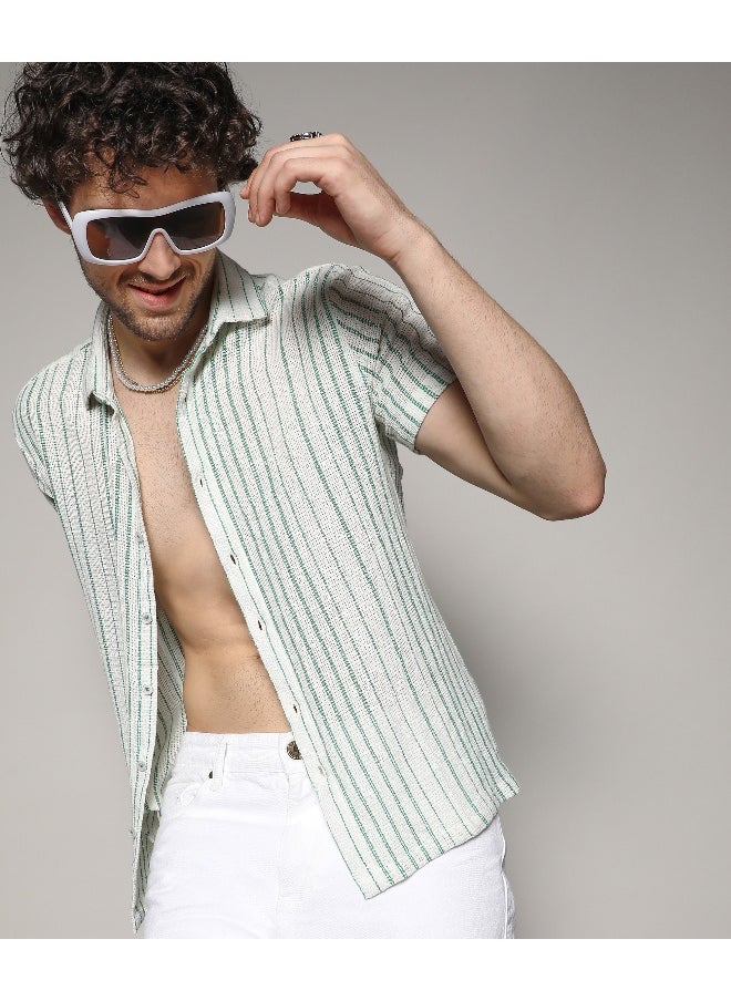 Campus Sutra - Men's White & Green Unbalanced Striped Woven Shirt - Image 1