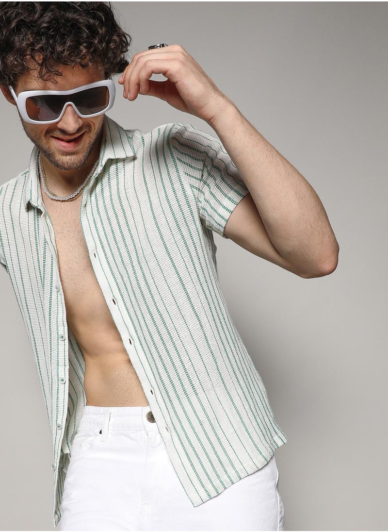 Campus Sutra - Men's White & Green Unbalanced Striped Woven Shirt - Image 1