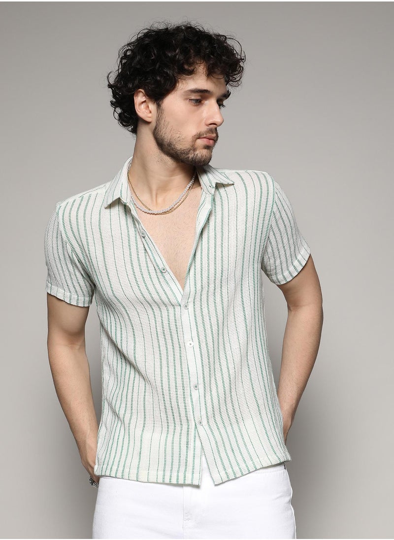 Campus Sutra - Men's White & Green Unbalanced Striped Woven Shirt - Image 1