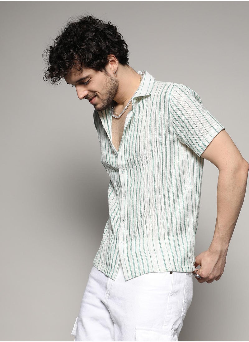 Campus Sutra - Men's White & Green Unbalanced Striped Woven Shirt - Image 1