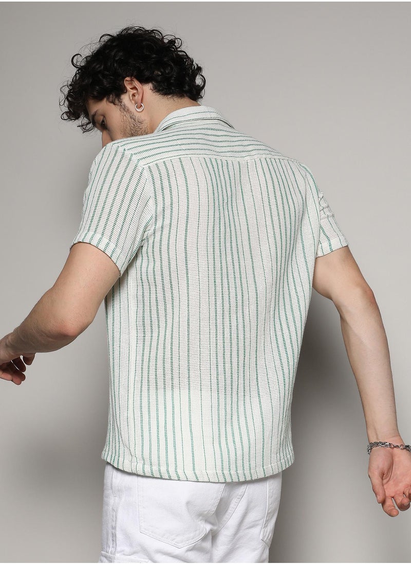 Campus Sutra - Men's White & Green Unbalanced Striped Woven Shirt - Image 1