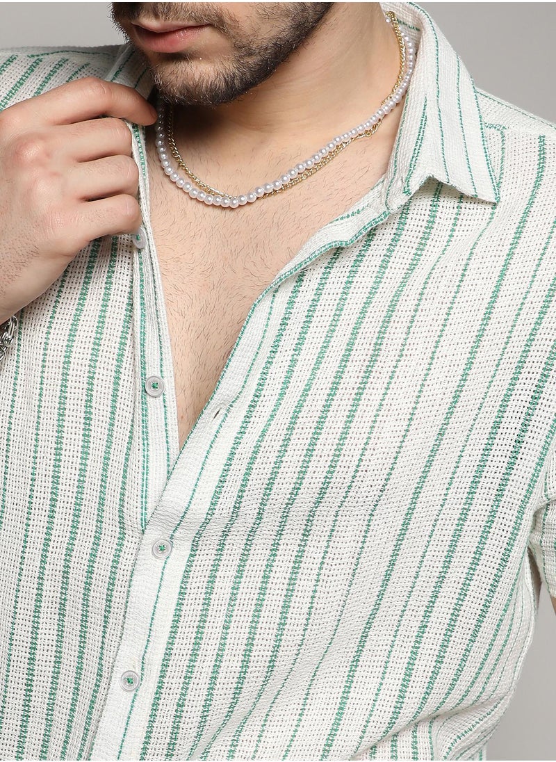 Campus Sutra - Men's White & Green Unbalanced Striped Woven Shirt - Image 1