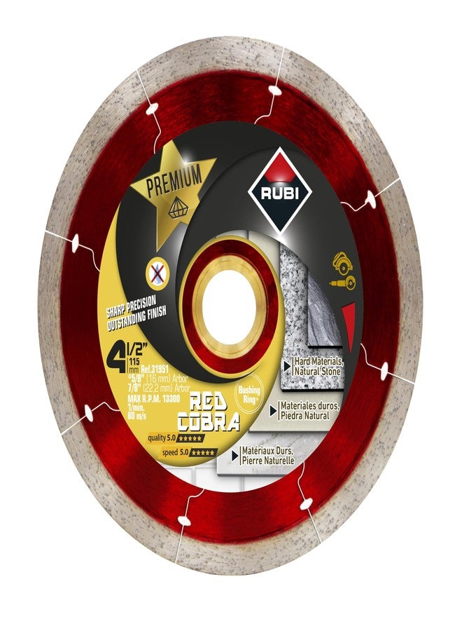 Rubi Premium Diamond Blade Red Cobra Dry 4" 1/2" - Ideal for Cutting Porcelain, Ceramic, Marble, Granite, Natural Stone - 5/8” Ring Adapter Included - Image 1