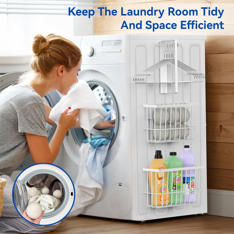 Detukna Laundry Room Organization and Storage Magnetic Dryer Ball Holder with Magnetic Hanger Holder, Magnetic Lint Bin for Washer Dryer, Iron Basket Dryer Ball Container, Magnetic Laundry Organizer (White) - Image 5