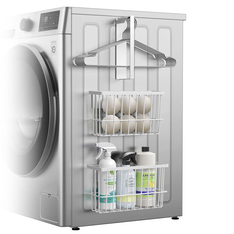 Detukna Laundry Room Organization and Storage Magnetic Dryer Ball Holder with Magnetic Hanger Holder, Magnetic Lint Bin for Washer Dryer, Iron Basket Dryer Ball Container, Magnetic Laundry Organizer (White) - Image 1