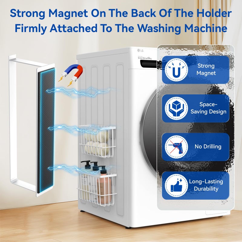 Detukna Laundry Room Organization and Storage Magnetic Dryer Ball Holder with Magnetic Hanger Holder, Magnetic Lint Bin for Washer Dryer, Iron Basket Dryer Ball Container, Magnetic Laundry Organizer (White) - Image 2