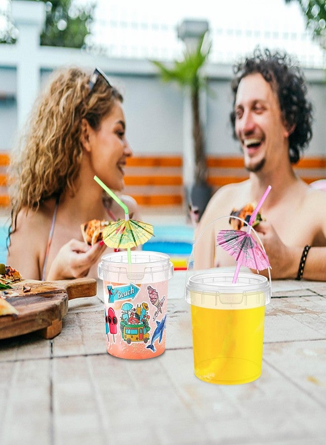 عبوة من 20 دلوًا للآيس كريم مع أغطية ومقابض وملاعق، دلو مشروبات بلاستيكي قابل لإعادة الاستخدام، دلو كوكتيل شفاف للروم للحفلات (750 مل/1 لتر) مع ملصقات صيفية وماصات، مثالي لحفلات الأطفال على الشاطئ أو المسبح - Image 5