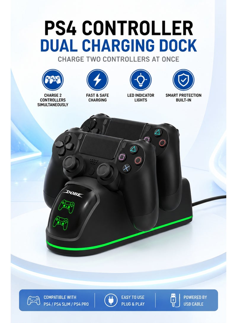 دوبي قاعدة شحن مزدوجة لوحدات تحكم PS4 من DOBE مزودة بمؤشرات شحن LED، وحامل شحن سريع عبر USB متوافق مع وحدات التحكم اللاسلكية لأجهزة PlayStation 4 وPS4 Slim وPS4 Pro - لون أسود. - Image 1