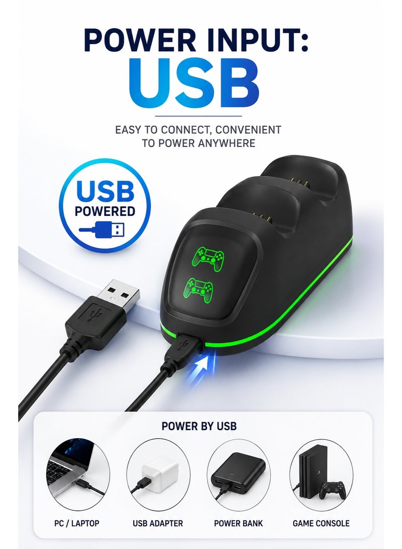 دوبي قاعدة شحن مزدوجة لوحدات تحكم PS4 من DOBE مزودة بمؤشرات شحن LED، وحامل شحن سريع عبر USB متوافق مع وحدات التحكم اللاسلكية لأجهزة PlayStation 4 وPS4 Slim وPS4 Pro - لون أسود. - Image 2