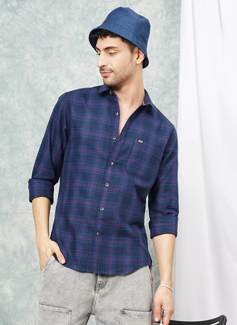 شركة المرآب الهندية Men Slim Fit Checkered Full Sleeves Spread Collar Casual Shirt