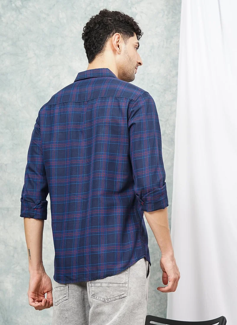 شركة المرآب الهندية Men Slim Fit Checkered Full Sleeves Spread Collar Casual Shirt