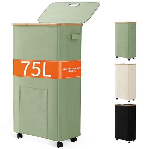Vincona Laundry Basket with Wheels, Dirty Clothes Hamper on Wheels, Rolling Tall Laundry Hamper with lid for Laundry Room, Dorm and Bathroom, 75L Sage Green - Image 1