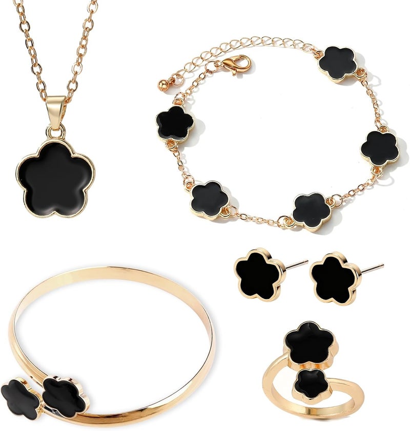 Nan 5 Piece Lucky Clover Jewelry Set for Women - Black and Gold Five Leaf Clover Necklace, Bracelet, Earrings, and Ring - Image 1
