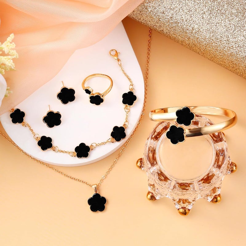 Nan 5 Piece Lucky Clover Jewelry Set for Women - Black and Gold Five Leaf Clover Necklace, Bracelet, Earrings, and Ring - Image 4