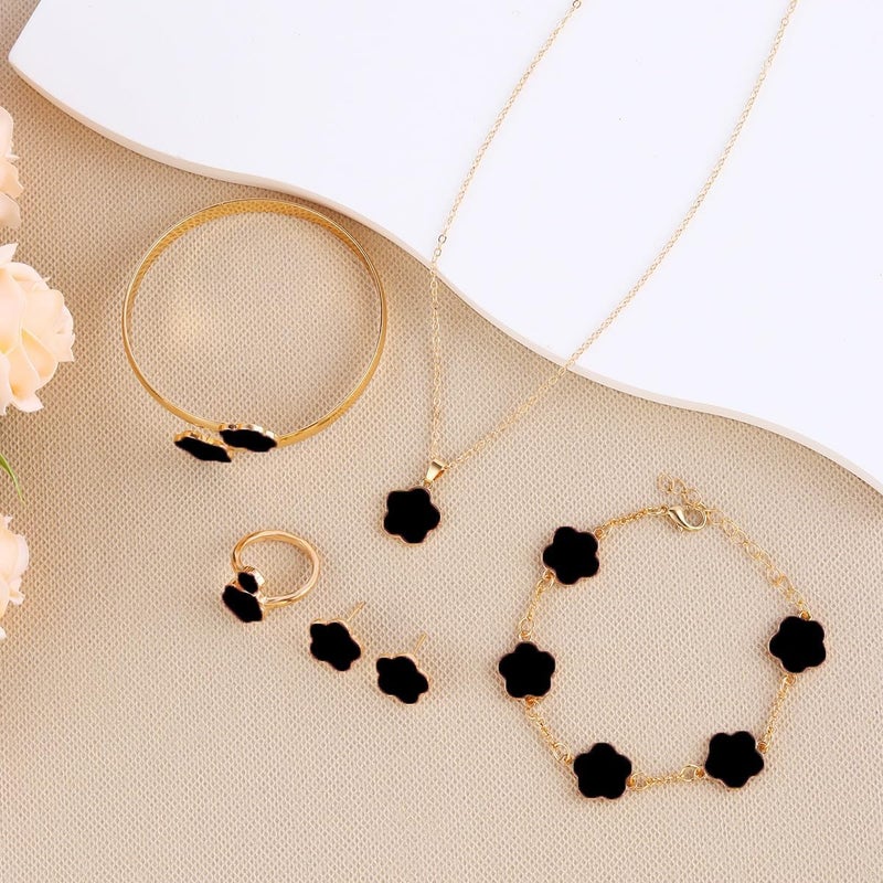 Nan 5 Piece Lucky Clover Jewelry Set for Women - Black and Gold Five Leaf Clover Necklace, Bracelet, Earrings, and Ring - Image 3