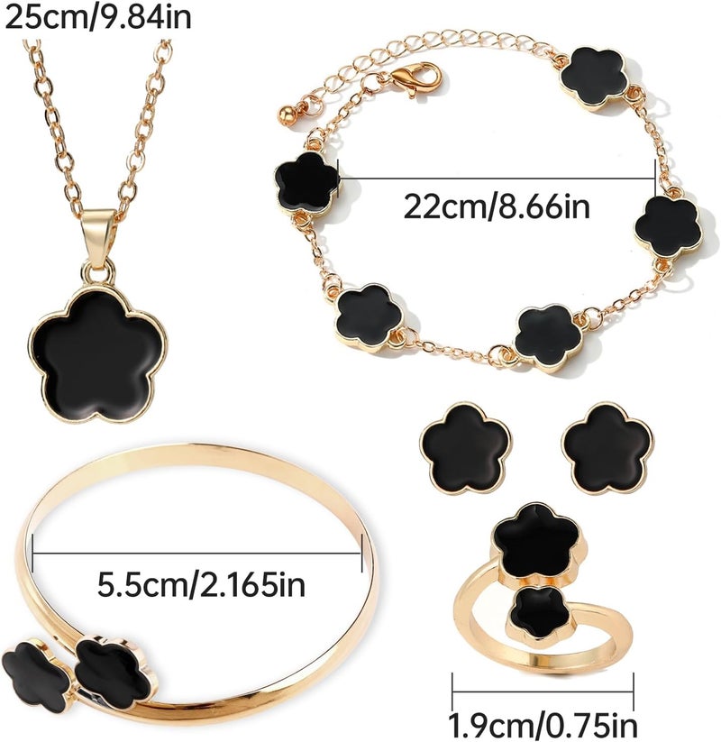 Nan 5 Piece Lucky Clover Jewelry Set for Women - Black and Gold Five Leaf Clover Necklace, Bracelet, Earrings, and Ring - Image 5