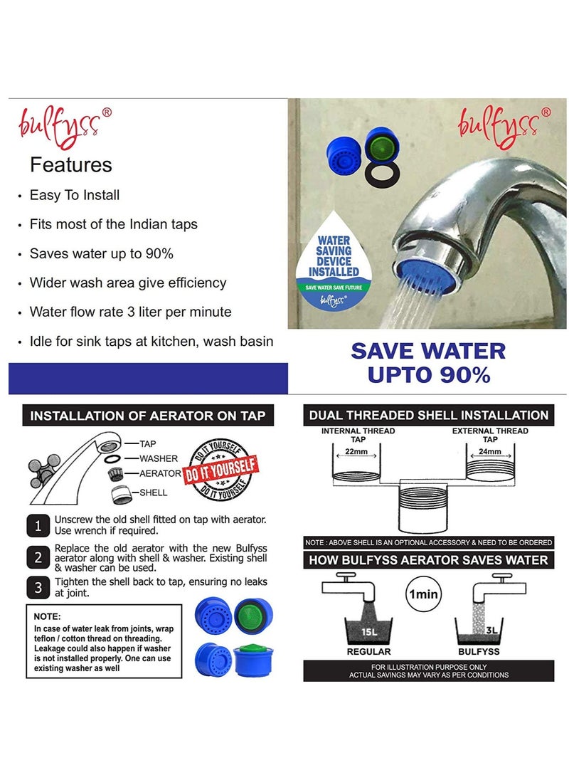 Kitchen Tap Water Saving Aerator Nozzle, 3 LPM Shower Flow, Food Grade Plastic (22 mm Diameter, Blue) - Pack of 5