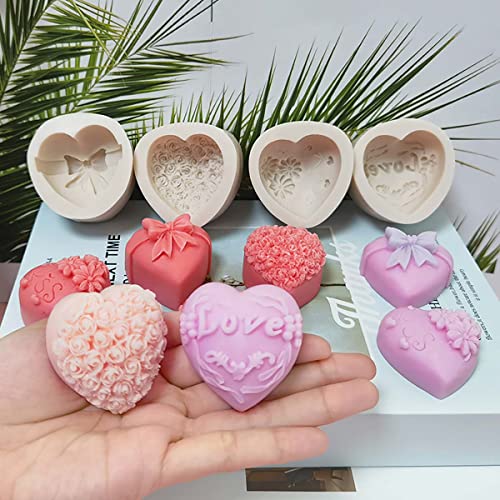 ESEDAGE 4 Pack Heart Resin Rose Flower Silicone Mold for Candle, Cake, Soap, Candy - Round Shape - Image 1