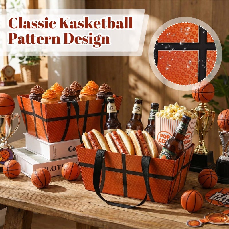 Glenmal 24 Pcs Basketball Gift Baskets Bulk 9.8 x 6.5 x 4.3 Inch Empty Basketball Senior Night Waterproof Reusable Cardstock Baskets with Handles for Sports Party Favors Holiday Gift Packaging - Image 4
