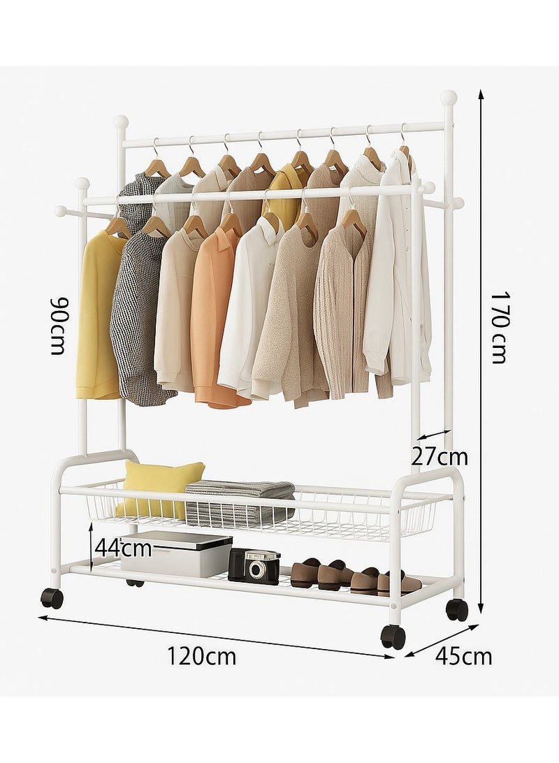 Living Extra Large White Metal Clothes Rack with Double Rods and Storage Shelves with Wheels 170 x 120 x 45 cm  - Image 2